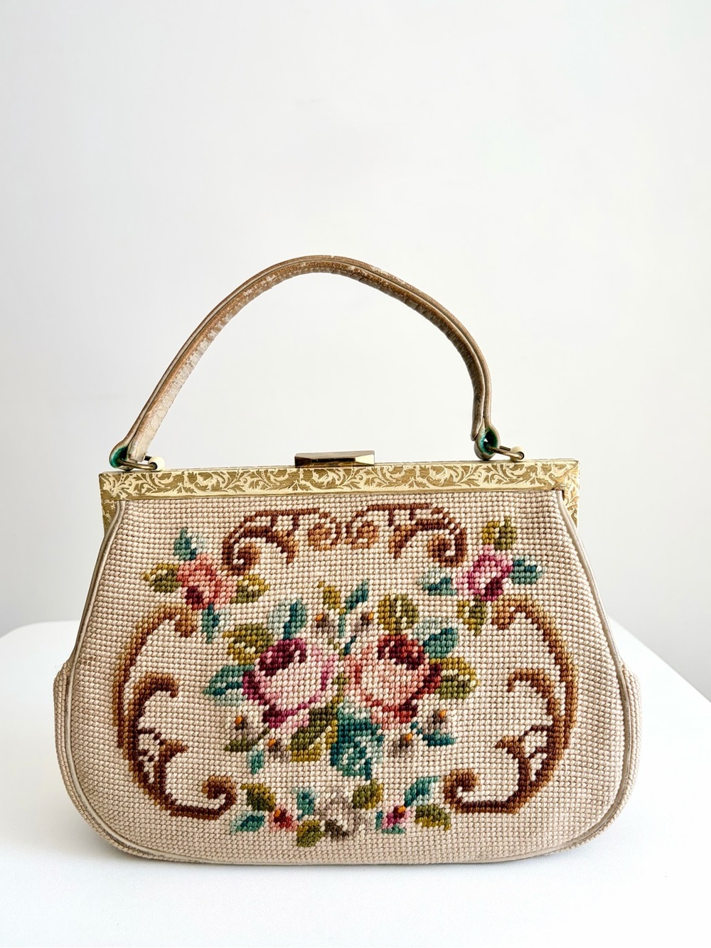 Vintage 1950s Petit Point Needlepoint Tapestry Handbag - English Garden